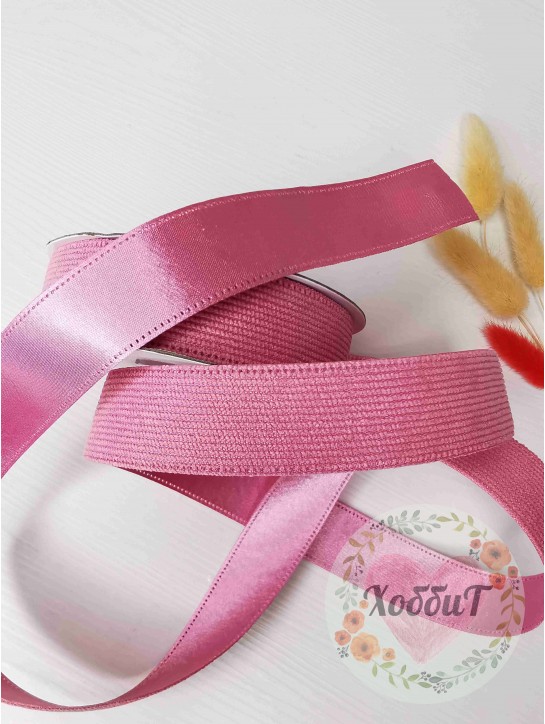 Лента двусторонняя вельвет/атлас 2,5см. (розовый)